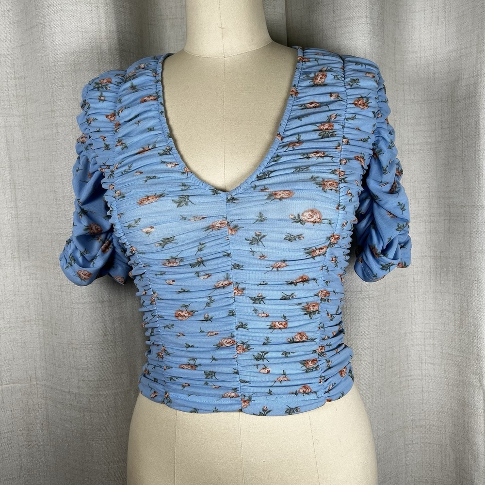 Zara Top Light Blue Floral Tulle Cropped Ruched Rosebud 3/4 Sleeve Size Small